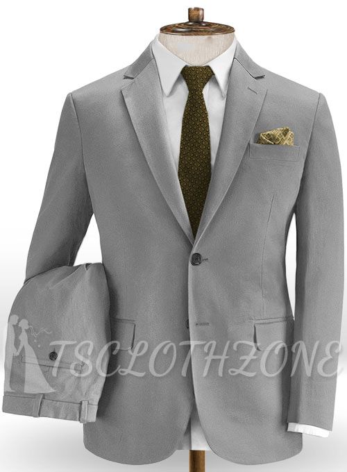 Grey Notched Lapel Cotton Blend Chino Slim Two Piece Suit