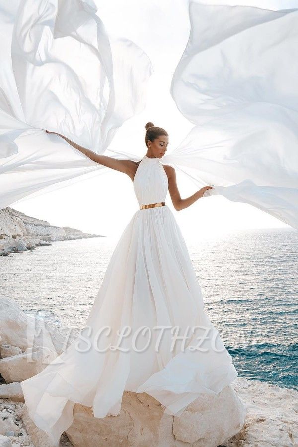 Halter White Chiffon Beach Wedding Dress Long Simple Bridal Dress with Split