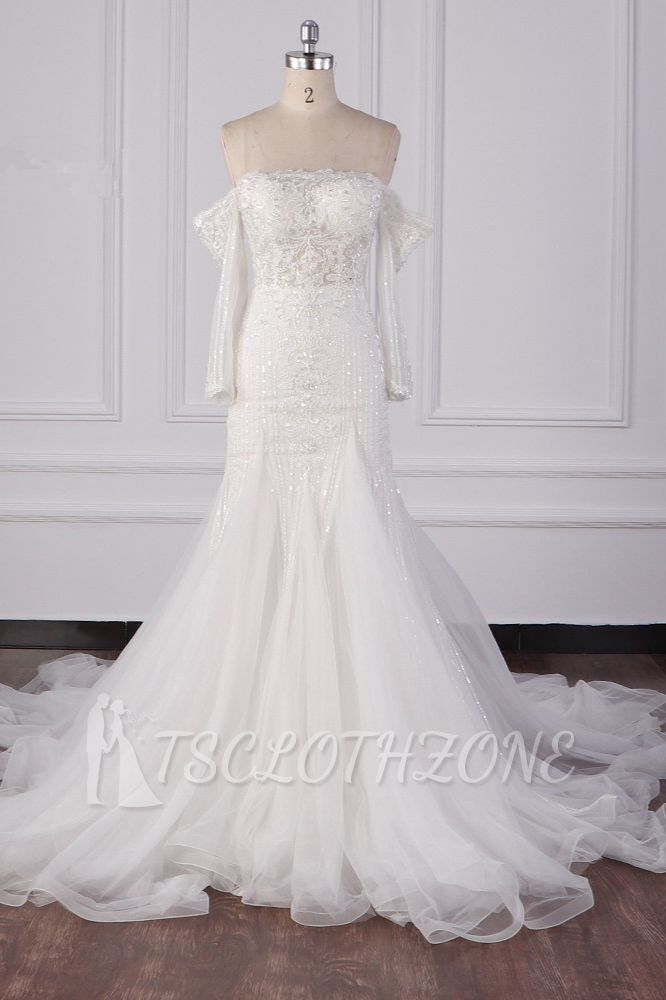 TsClothzone Wunderschönes trägerloses weißes Tüll-Spitzen-Hochzeitskleid mit langen Ärmeln und Perlenbesatz Brautkleider im Angebot