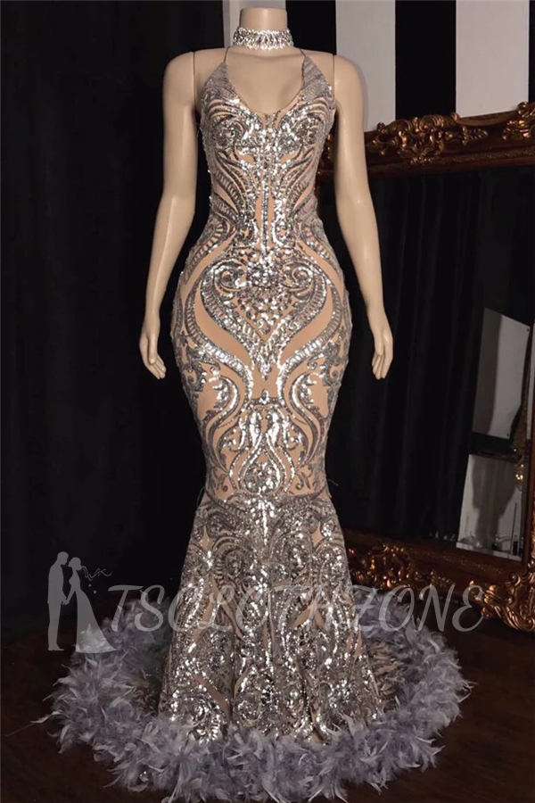 Sparkle Silver Lace Feather Prom Dresses Cheap | Mermaid Sleeveless Sexy Evening Gowns