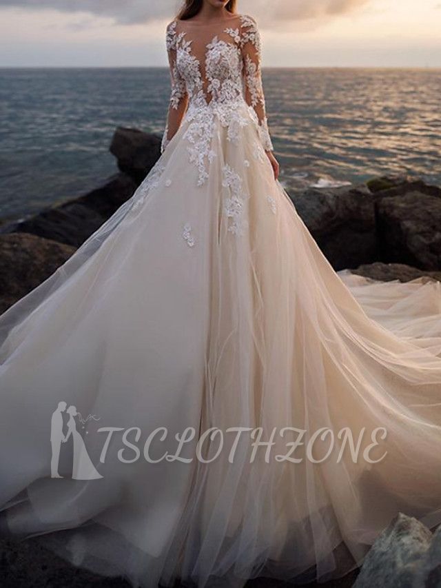 A-Line Wedding Dress Bateau Lace Tulle Long Sleeves Bridal Gowns Formal See-Through with Court Train