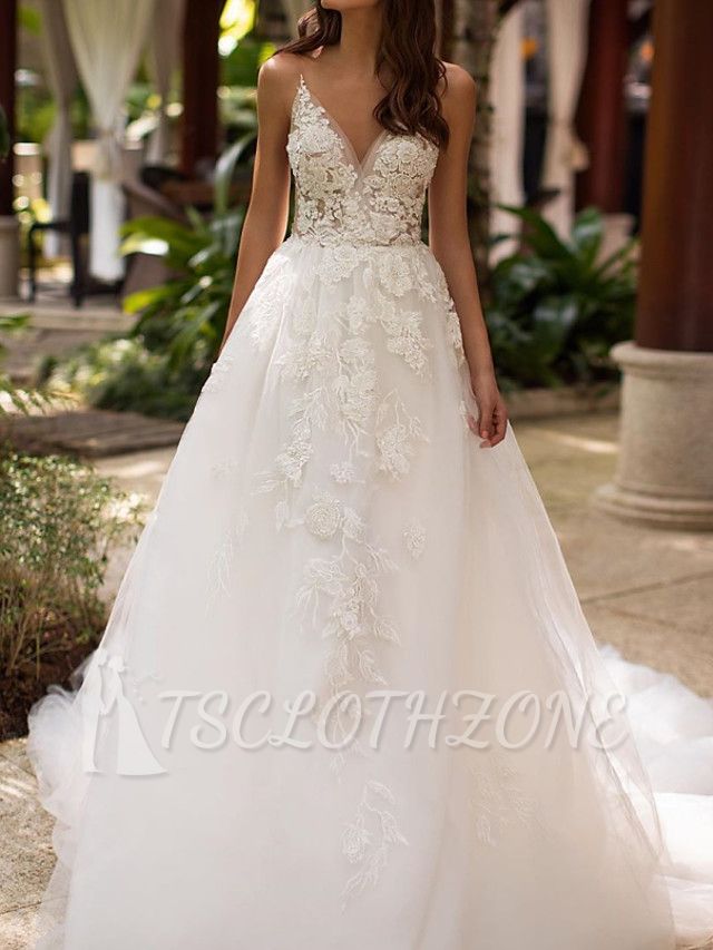 Formal A-Line Wedding Dress V-neck Lace Tulle Sleeveless Sexy Bridal Gowns with Court Train