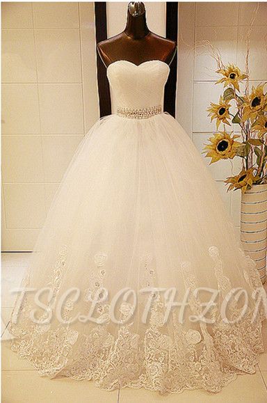 Weiße Spitze-Schatz-Kristalllange Brautkleider Ballkleid Lace-Up Tüll taillierte Brautkleider