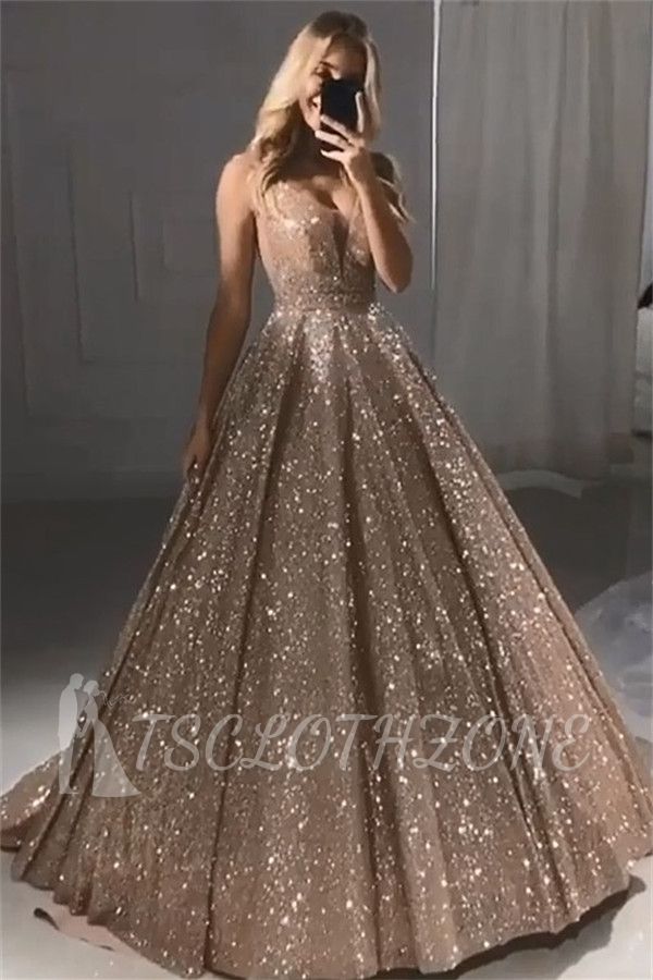 Sparkly Champagne Gold Sequins Prom Dresses Cheap | Gorgeous Shiny Sleeveless Straps Evening Gowns 2022