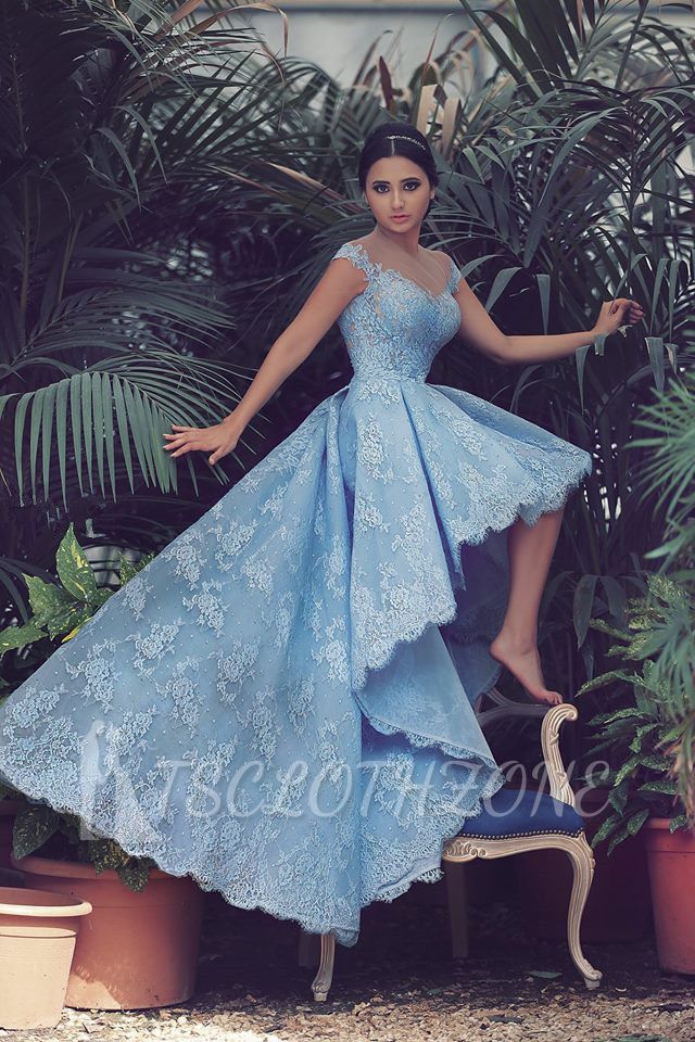 Elegant A-Line Hi-Lo Lace Prom Dress Latest Sweep Train Plus Size Formal Occasion Dresses
