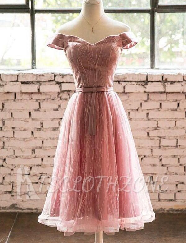 Elegant Short Sleeves A-Line Off-the-Shoulder Tea-Length Homecoming Dress