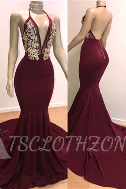 Backless Burgundy Prom Dresses | Sleeveless Mermaid Cheap Evening Gowns with Crystals