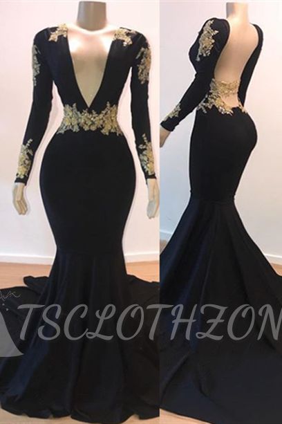 Open Back Gold Lace Black Prom Dresses Cheap | Mermaid Long Sleeve Formal Evening Gowns