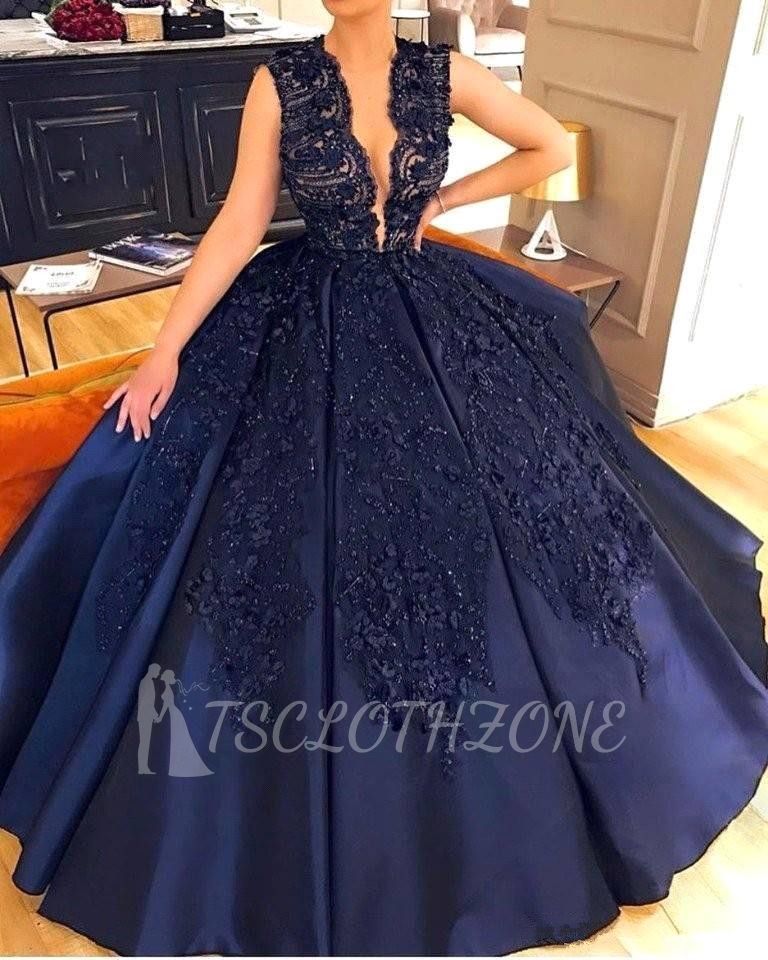 Elegant Dark Navy Lace Appliques Prom Dresses | Online Sleeveless Sexy Evening Gown