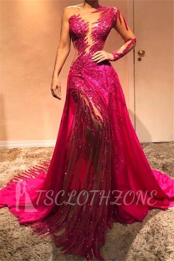 Beautiful One Shoulder Sequins Fuchsia Evening Dresses with Sleeves | Sexy Mermaid Affordable Prom Dresses
