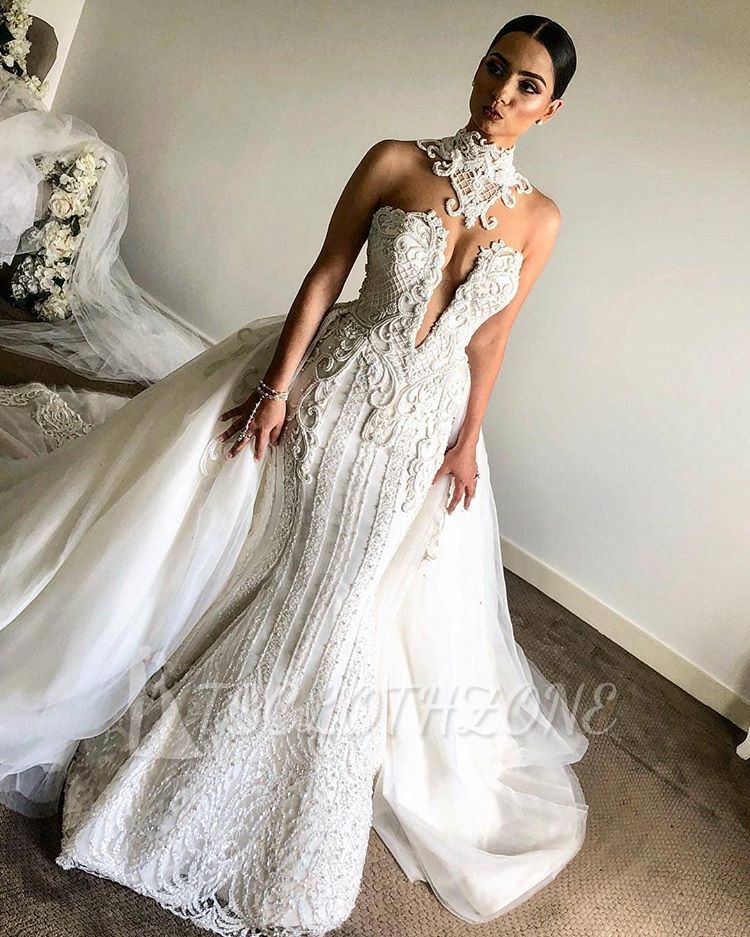 Luxurious High Neck Mermaid Sleeveless Wedding Dress|Lace Appliques Overskirt Bridal Gown