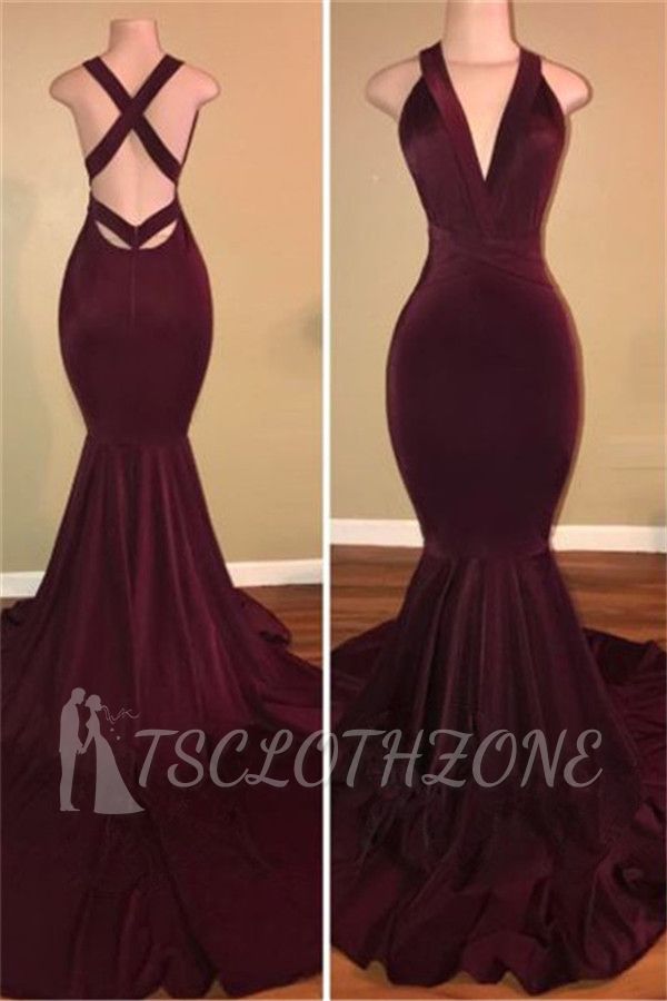 Sexy Burgundy Prom Dresses 2022, Mermaid V-neck Evening Gown Cheap