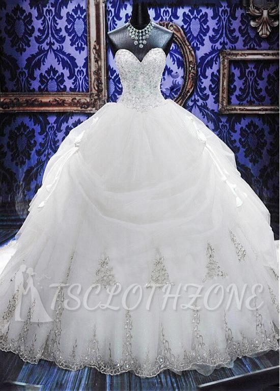 Elegantes weißes Schatz-Kristallballkleid-Hochzeits-Kleid-Gerichts-Zug Bowknot-Brautkleider mit Perlenstickereien