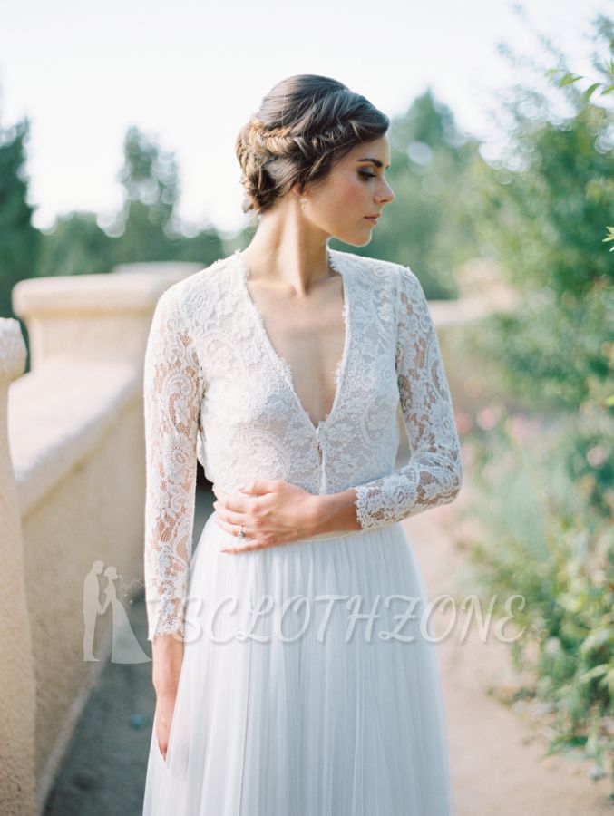 V-Neck Lace Long Sleeve Vintage Bridal Gown Latest Floor Length Custom Made Wedding Dress
