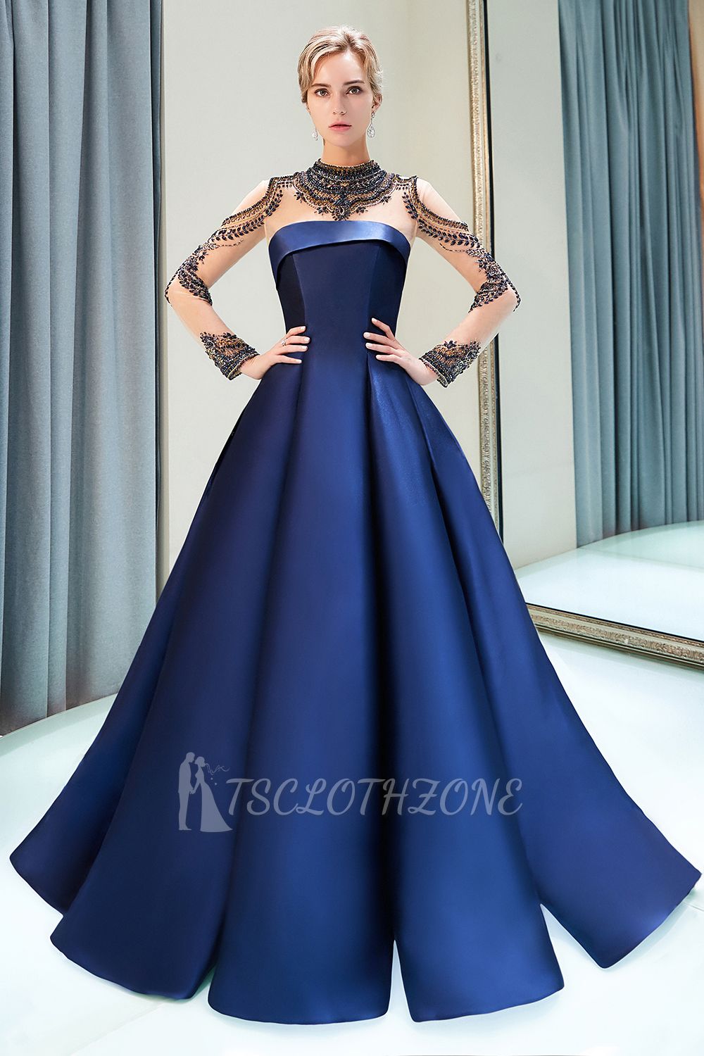 MARIN | A-line Long Sleeves Beading Neckline Satin Evening Gowns