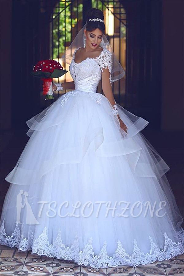 Lace Tulle Puffy Wedding Dresses Long Sleeves 2022 | Sheer Tulle Cheap Ball Gown Bridal Gowns