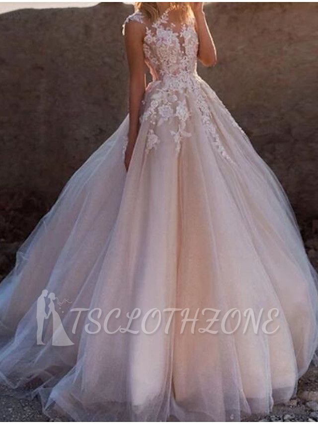 Sexy, durchsichtiges A-Linien-Hochzeitskleid, ärmellose Brautkleider aus Juwelen-Spitze, Tüll, mit Hofschleppe