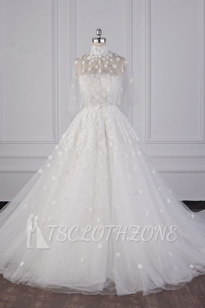 TsClothzone Chic High-Neck Tulle Lace Wedding Dress Appliques Beadings Long Sleeves Bridal Gowns On Sale