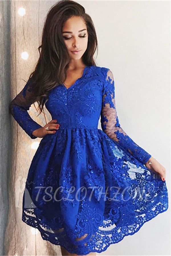Cute Royal Blue Lace Long Sleeve Homecoming Dress |  Short Hoco Dresses