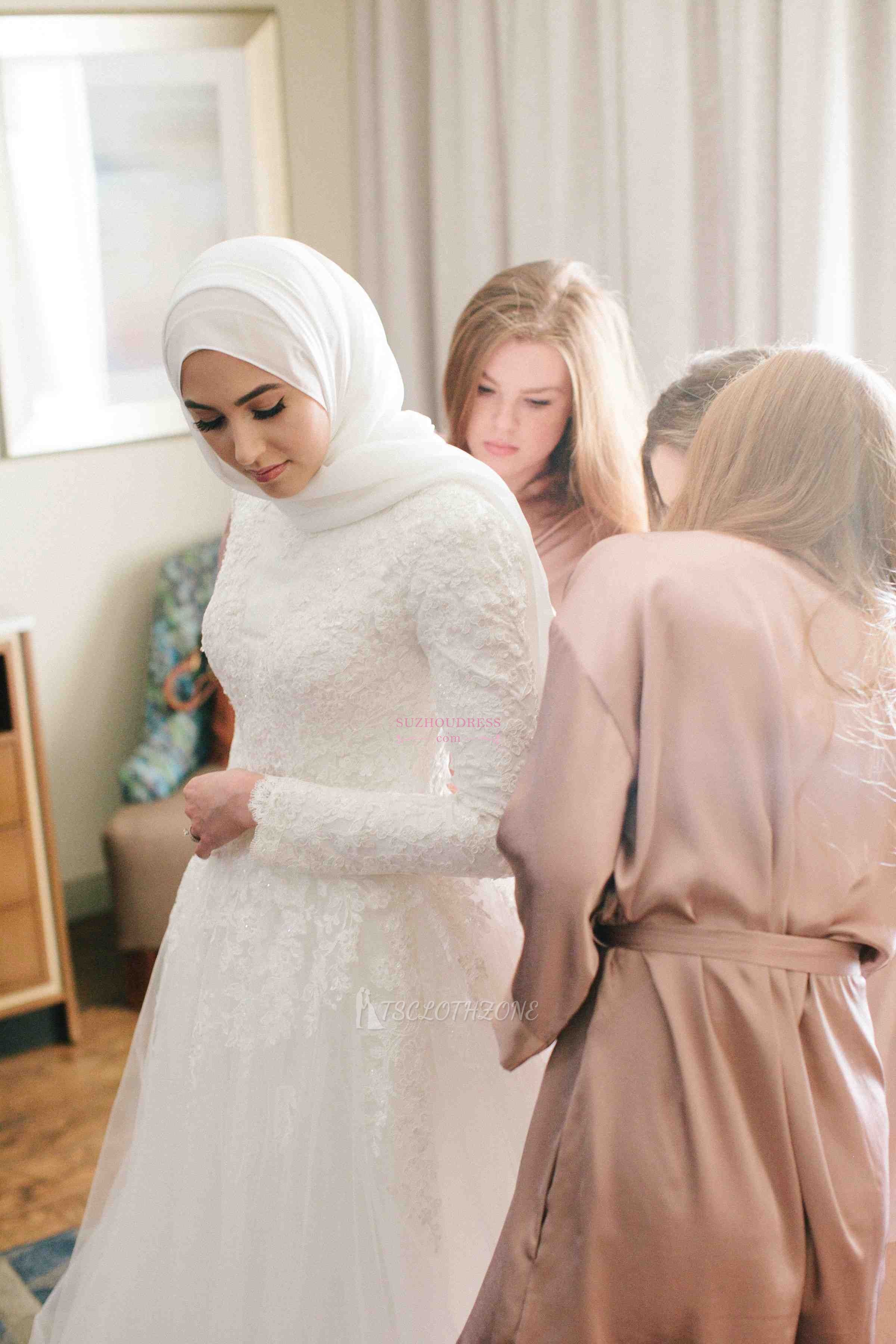 Elegante Spitzenapplikationen mit langen Ärmeln Brautkleider Lagen-Tüll-Hochhals-Hochzeitskleider
