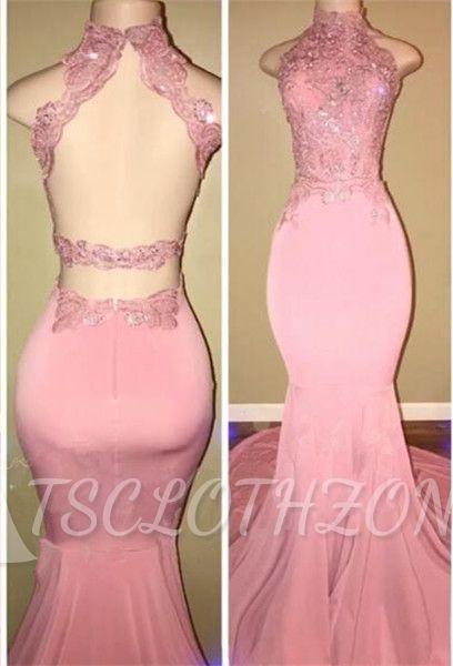 Gorgeous High Neck Pink Lace 2108 Prom Dress Mermaid Long On Sale