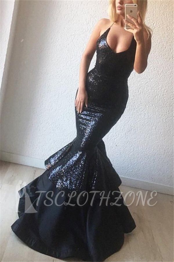 Schwarze Pailletten Sexy Abendkleider | Meerjungfrau ärmellose Träger Prom Kleid billig