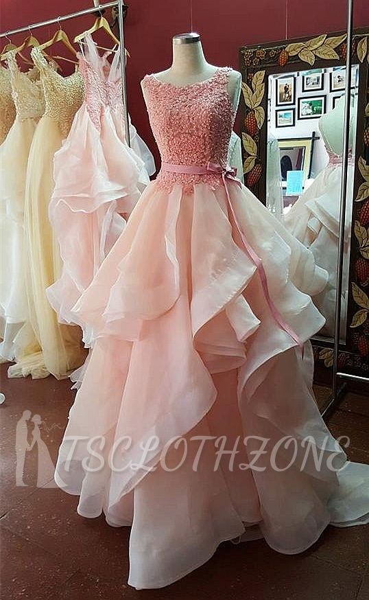 A-Line Pink Lace Tiered 2022 Prom Dress Open Back Sleeveless Bowknot Party Gowns