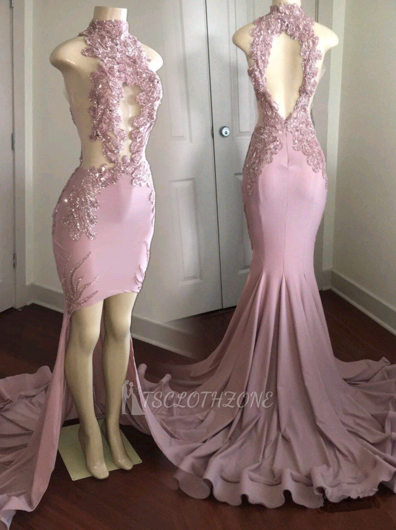 Modest High Neck Lace Appliques Prom Dress | Front Split Prom Dress