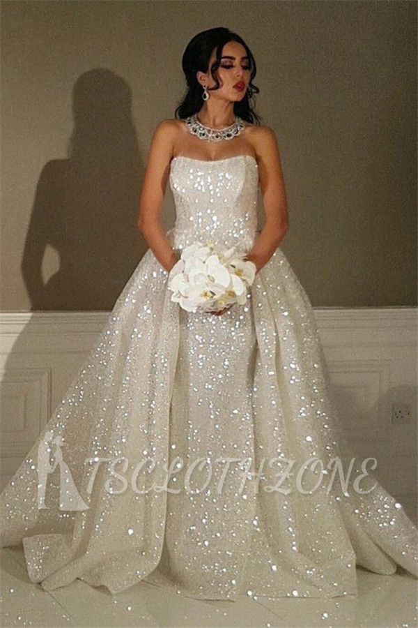 Sparkly Sequins Overskirt Wedding Dresses 2022 | Strapless Luxury Sexy Bride Dresses Cheap Online