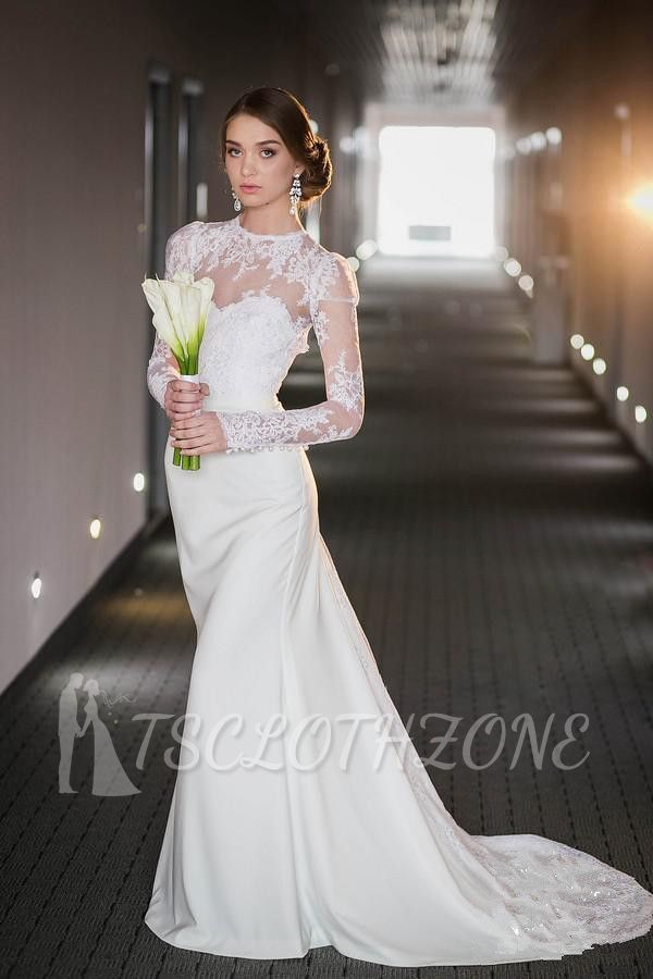 Vintage Long Sleeve Lace High Neck Wedding Dress Satin Bridal Gown with Open Back