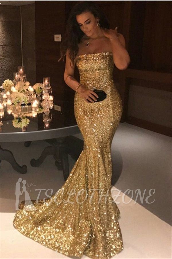 Sparkle Gold Sequins Mermaid Evening Gowns Sexy Strapless Prom Dresses FB0164