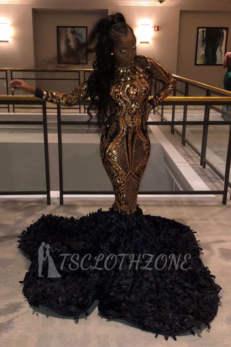 Golden Metallic Sequined Black High neck Mermaid Prom Dress with Fur