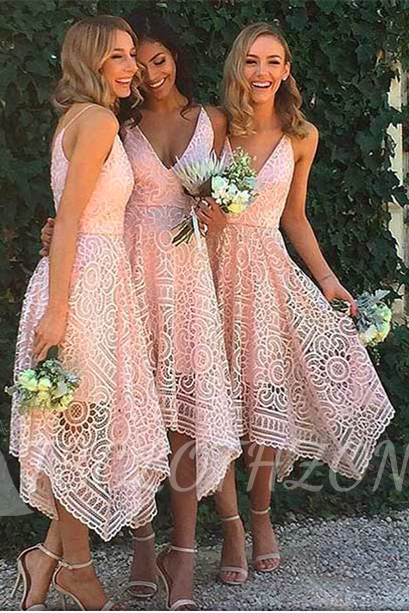 Newest Lace Spaghetti-Strap Sleeveless A-line Tea-Length Bridesmaid Dress