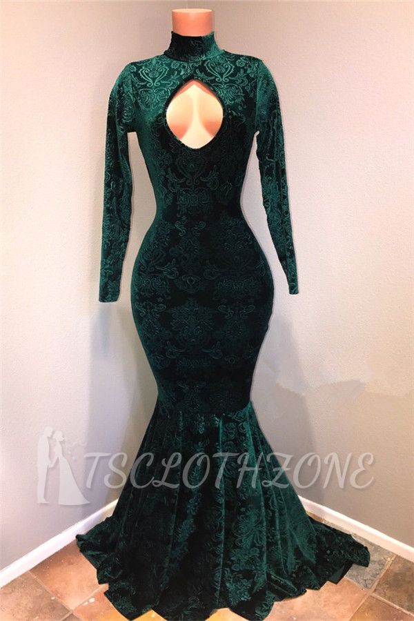 Dark Green 2022 Lace High Neck Prom Dresses | Sexy Keyhole Long Sleeves Mermaid Evening Gowns