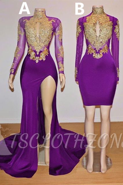Gold Beads Appliques Long Sleeve Purple Prom Dresses on Mannequins Cheap 2022