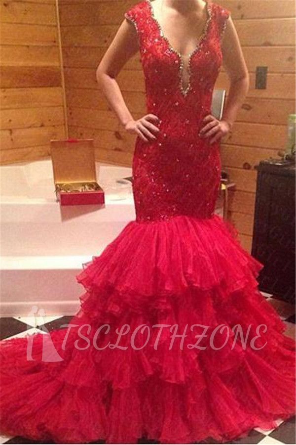 Beadings V-Neck Mermaid Sleeveless Red Tiered Prom Dress