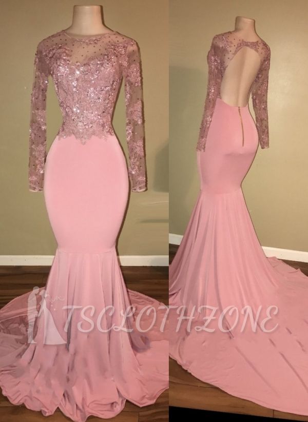 Pink Long-Sleeves Backless Beaded Mermaid Sparkly Prom Dresses