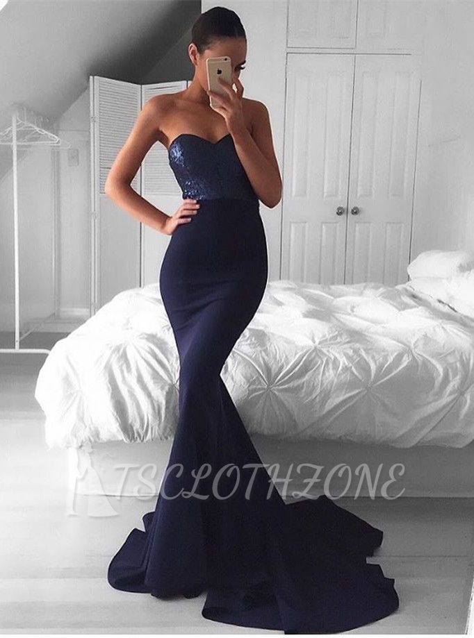 Navy Sequins Mermaid Sweep-Train Sweetheart Glamorous Evening Dress