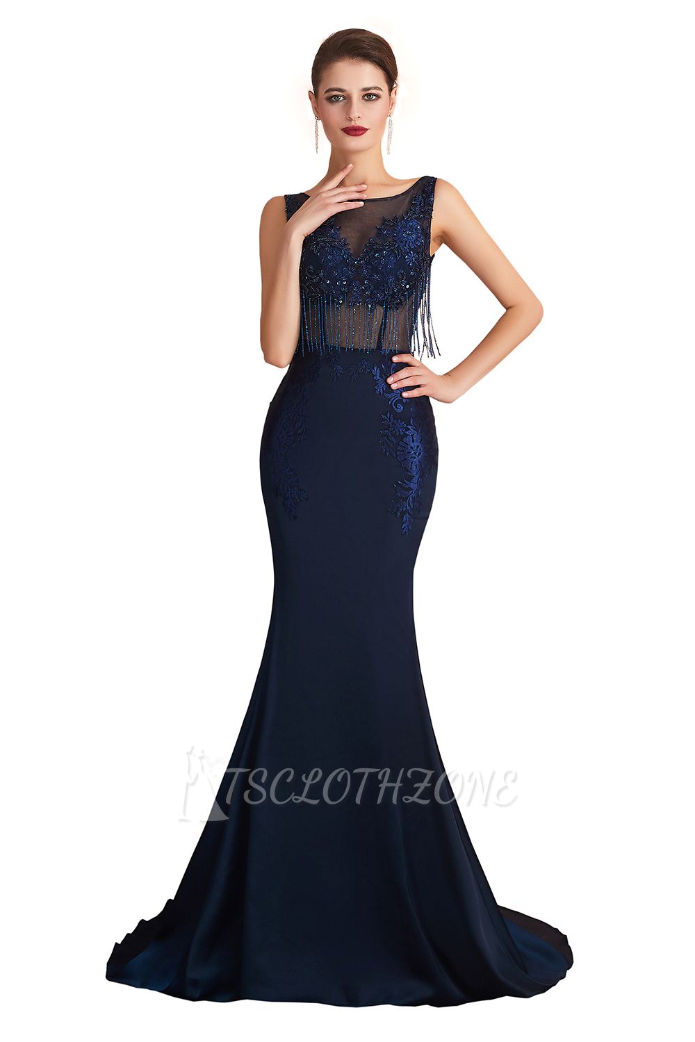 Caroline Carol | Dark Navy Tassel Sparkle Mermaid Prom Dress, Elegant Sleeveless Evening Gowns with Open Back