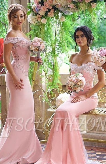 Elegant Blushing-Pink Off-the-Shoulder Lace-Appliques Long Bridesmaid Dresses