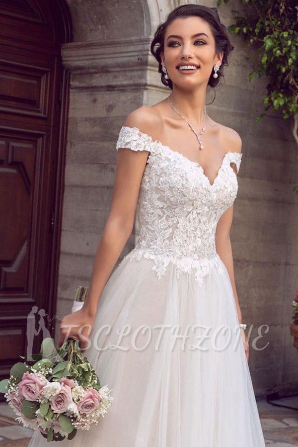 Einfaches Brautkleid Weiß/Elfenbein Schulterfrei Spitze Tüll Brautkleid