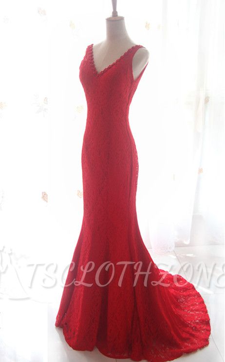 Long Mermaid V-Neck Lace Red Evening Dresses Sweep Train Popular Cheap Party Dresses for Special Occassion