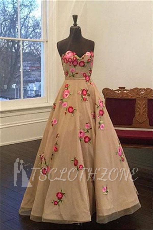 Champagne Applique Sweetheart A-line Flowers Evening Dress