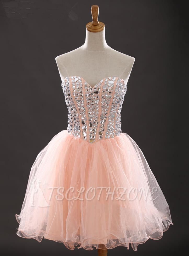 Crystal Sweetheart Pink Mini Homecoming Dress mit Strass Neueste Organza Lace-Up Short Cocktail Dress