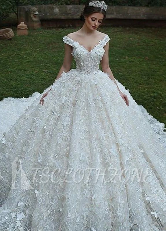 Glamorous V-Neck Off Shoulder Ball Gown Lace Applique Wedding Dress