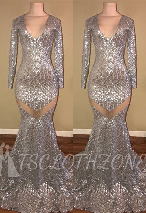 Long Sleeve Sequins Prom Dress | Mermaid V-Neck Evening Gowns