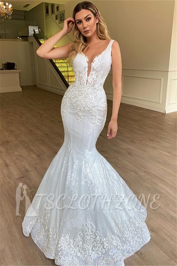 Elegant Straps V-Neck Appliques Prom Dresses | Sleeveless Mermaid Sequins Party Dresses