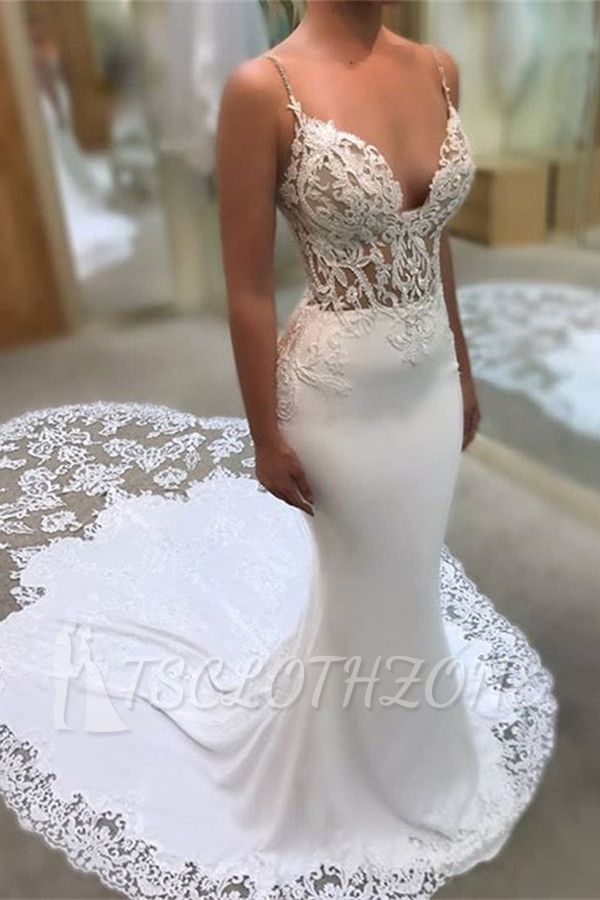Elegantes Meerjungfrau-Hochzeitskleid mit V-Ausschnitt, langen Spaghetti-Trägern, Brautkleidern