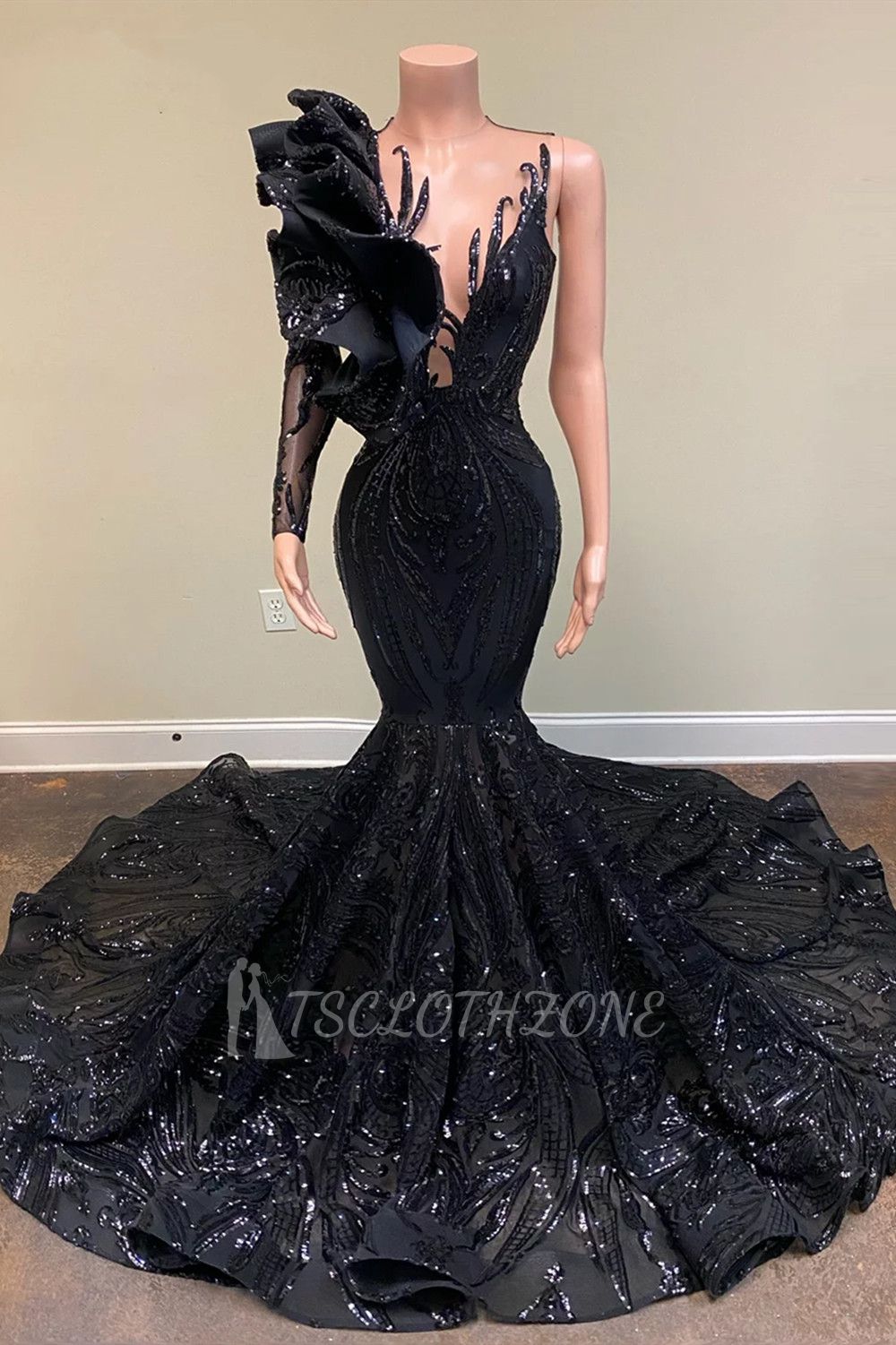 Chic Black Long Sleeve Asymmetrical Floor Length Mermaid Prom Dress