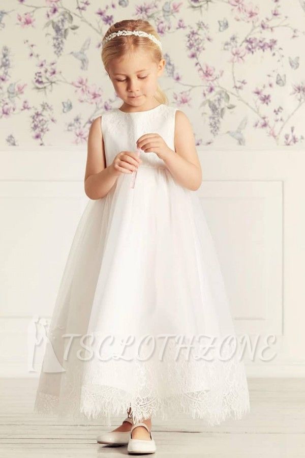 Simple Lace Tulle Long Flower Girl Dresses | White High neck  Little Girls Pageant Dresses